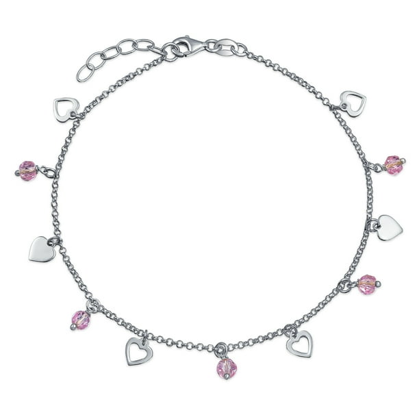 Sterling Silver 10inch Polished Antiqued Pink Crystal Beaded Anklet Sterling Silver 10inch Polished Antiqued Pink Crystal Beaded Anklet